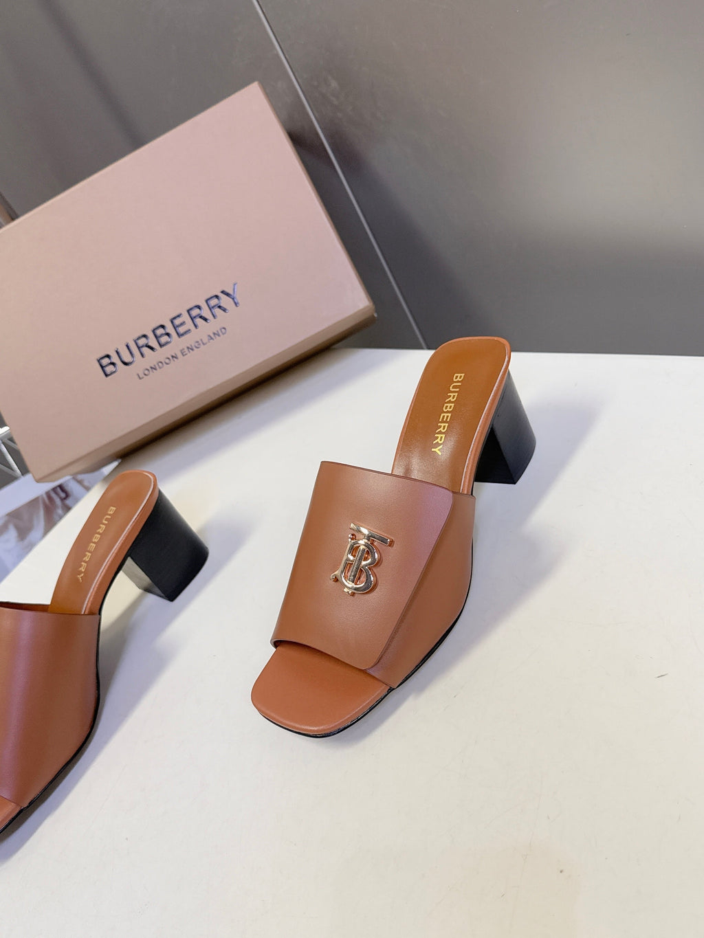 BURBERRY 26S HIGH HEEL MULE SANDALS 60MM IN CARAMEL BROWN CALFSKIN