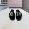 BURBERRY 26S FLAT SLIDE SANDALS IN BLACK CALFSKIN GOLD HARDWARE