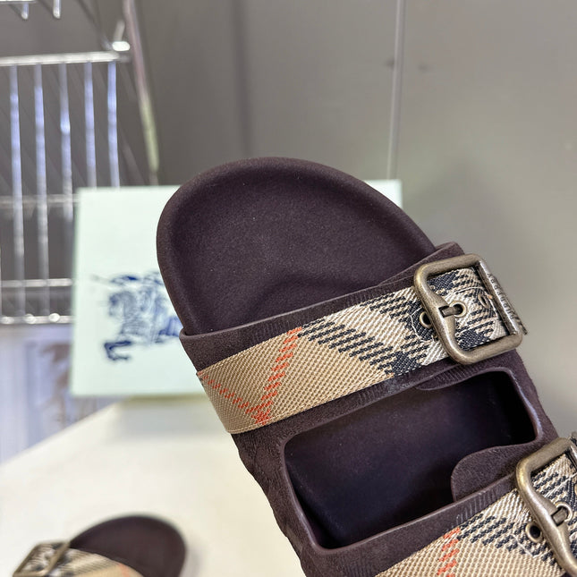 BURBERRY 26S DOUBLE BUCKLE SANDALS IN DARK BROWN SUEDE