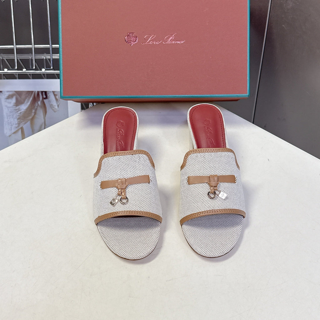 LP 26S HIGH HEEL SANDALS IN BEIGE CANVAS AND BROWN CALFSKIN