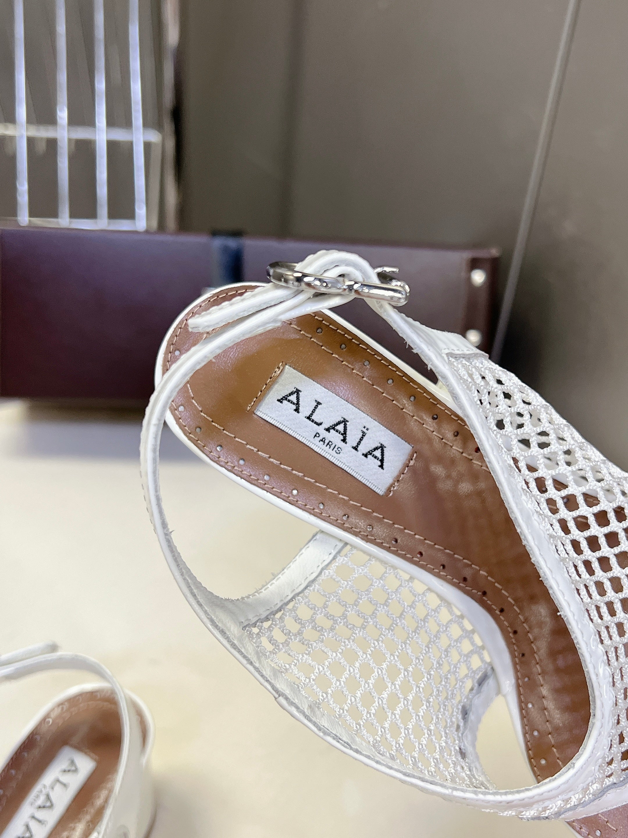 ALAIA 26S MESH THONG HEELS 55 MM IN WHITE PATENT CALFSKIN