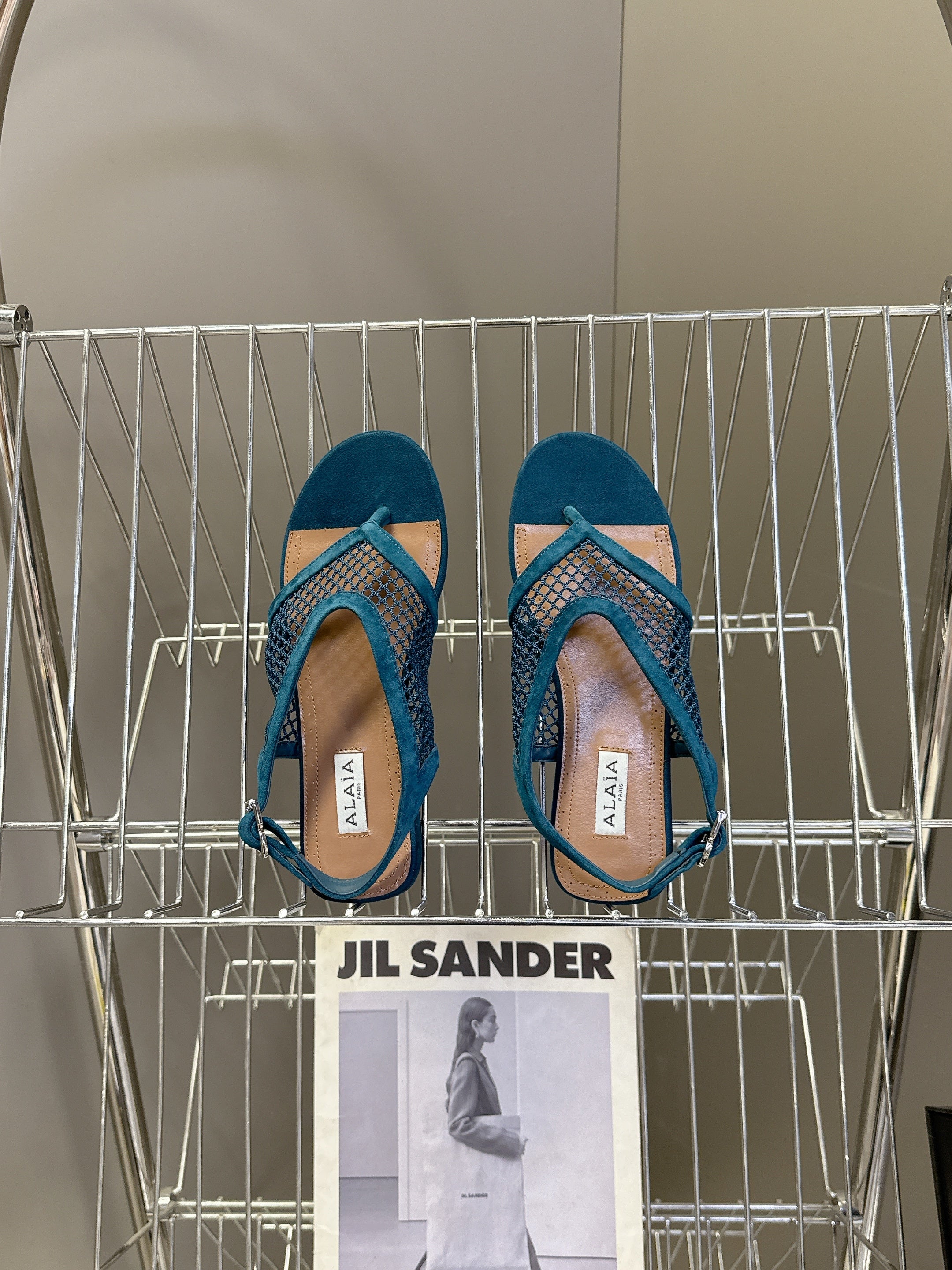 ALAIA 26S FLAT MESH THONG SANDALS IN PETROL BLUE SUEDE