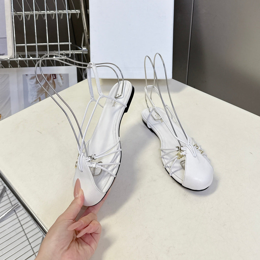 CELINE 26S TRIOMPHE LACE UP ANKLE STRAP FLAT SANDALS IN WHITE CALFSKIN