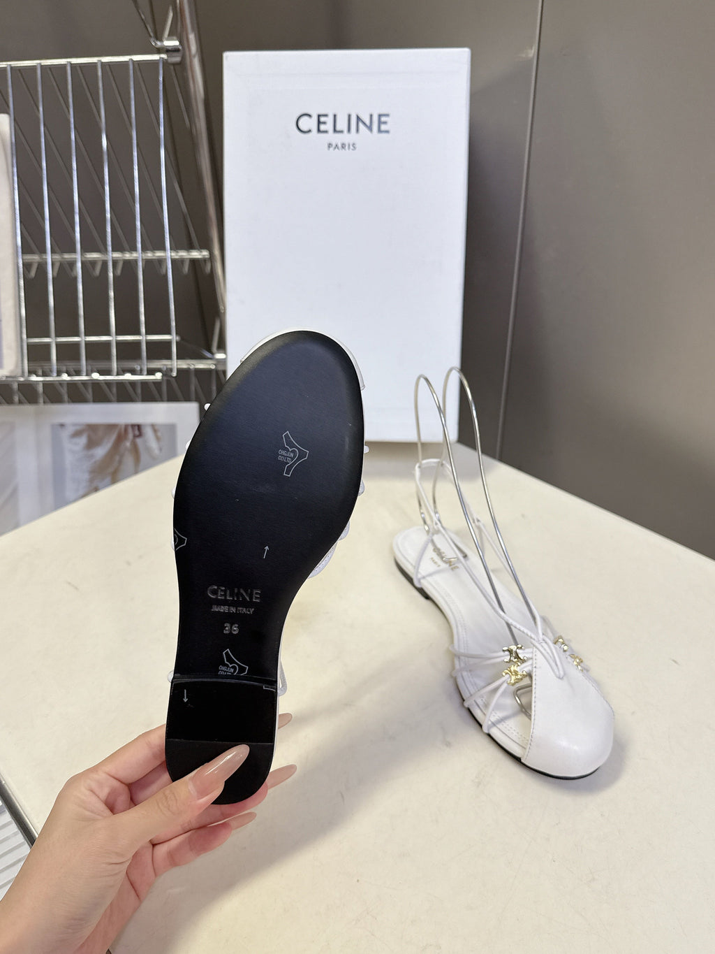 CELINE 26S TRIOMPHE LACE UP ANKLE STRAP FLAT SANDALS IN WHITE CALFSKIN