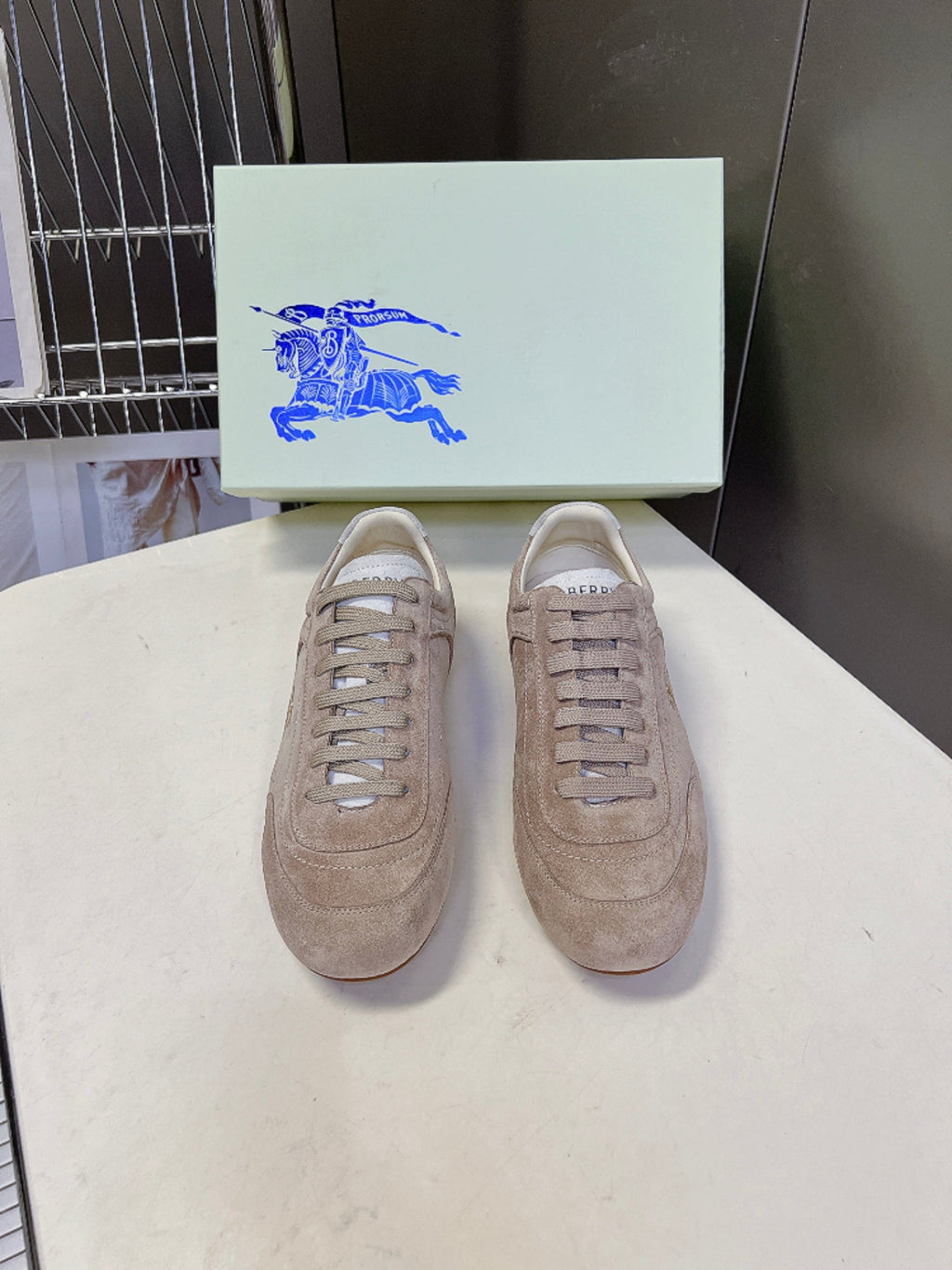 BURBERRY 26S LOW TOP SNEAKERS IN TAUPE BEIGE SUEDE