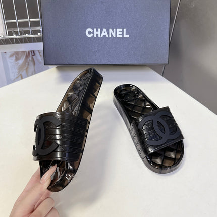 CHANEL 26S SLIDES IN BLACK PVC