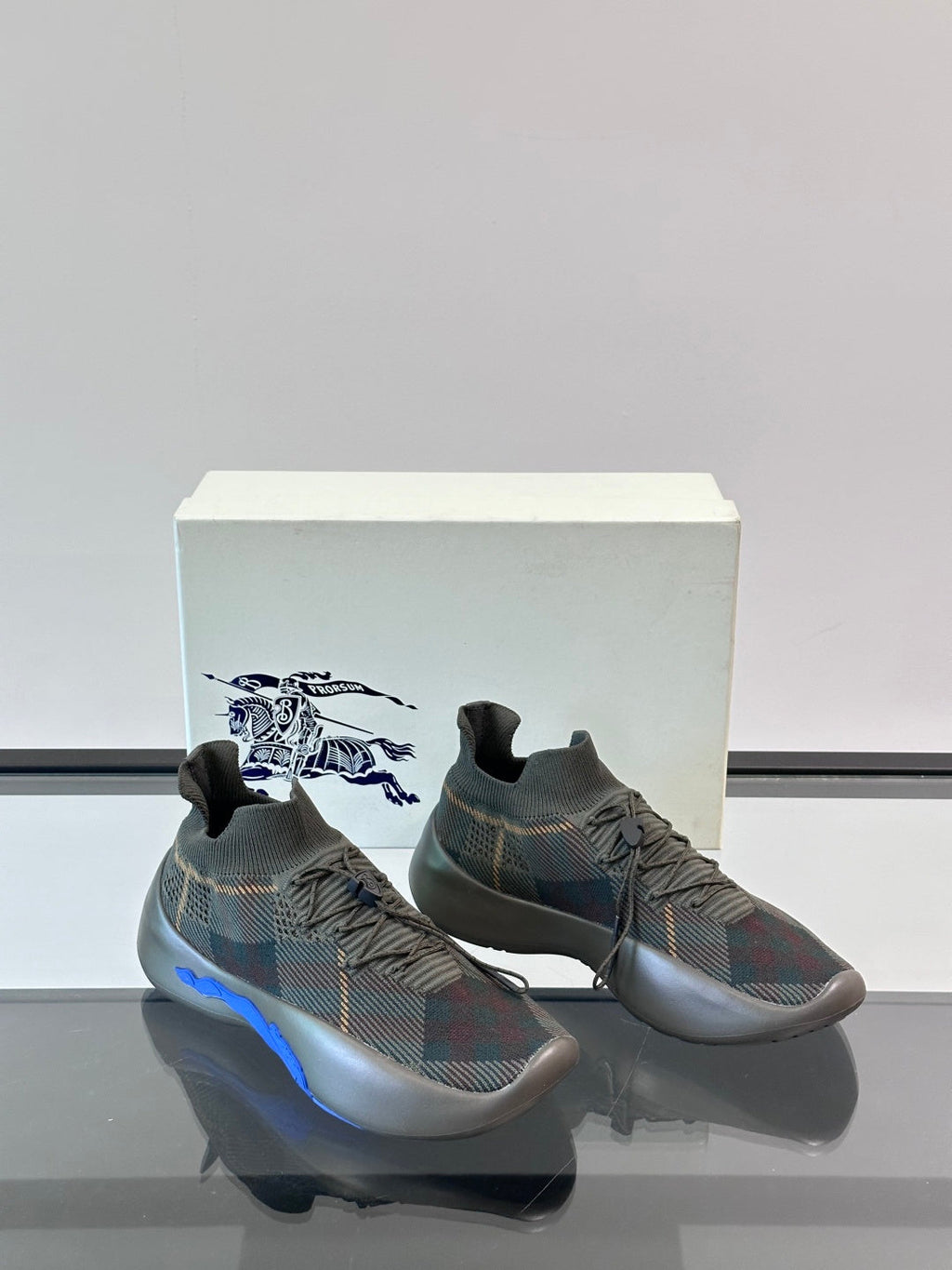 BURBERRY 26S CHECK KNIT SOCK SNEAKERS IN DARK OLIVE GREY FABRIC
