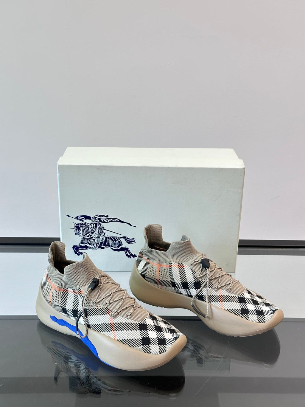 BURBERRY 26S CHECK KNIT SOCK SNEAKERS IN ARCHIVE BEIGE FABRIC