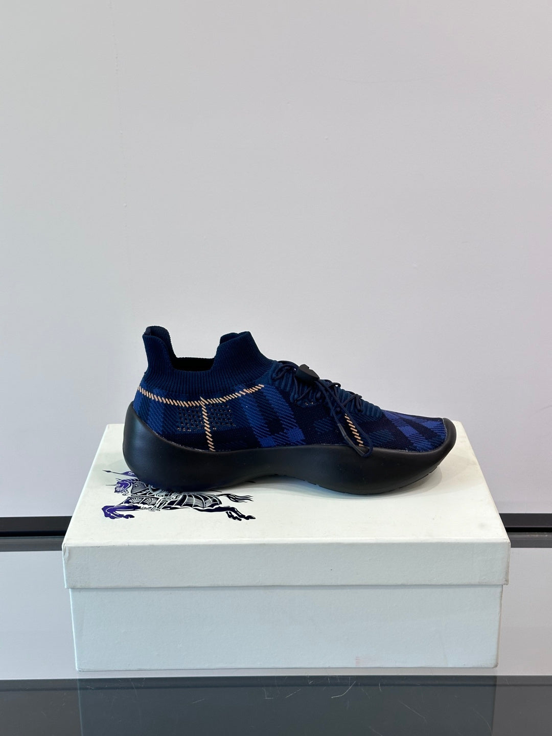 BURBERRY 26S CHECK KNIT SOCK SNEAKERS IN NAVY BLUE FABRIC