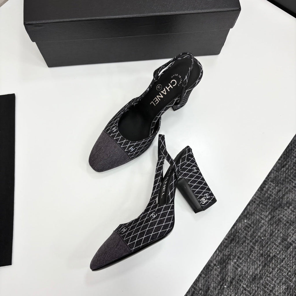 CC SLINGBACK 25S 90 MM IN BLACK DENIM WITH PLAID PATTERN