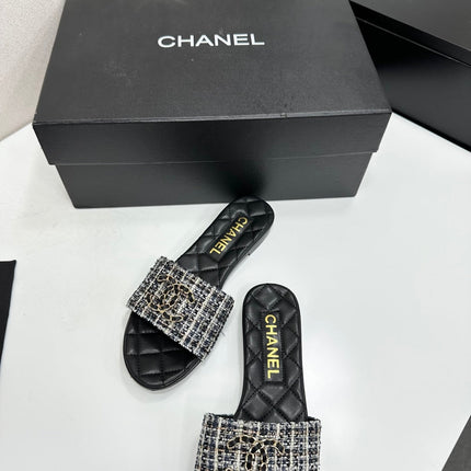 CHANEL 26S SANDALS IN BLACK LAMBSKIN TWEED