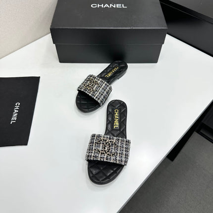CHANEL 26S SANDALS IN BLACK LAMBSKIN TWEED