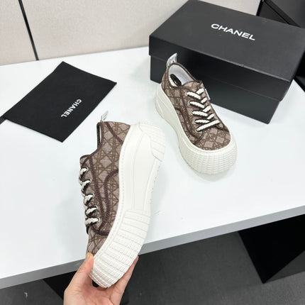 CHANEL 26S CHUNKY SNEAKERS IN BROWN DIAMOND-PATTERNED WOVEN FABRIC