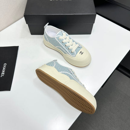 CHANEL 26S SNEAKERS IN LIGHT BLUE CHECKERED WOVEN FABRIC