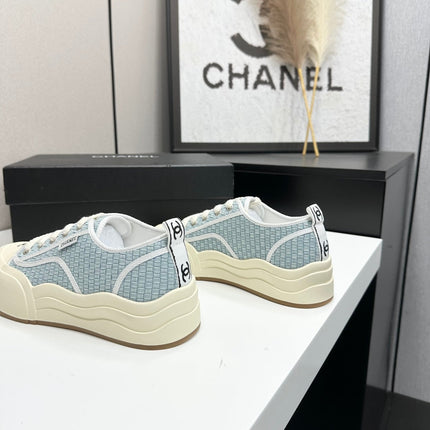 CHANEL 26S SNEAKERS IN LIGHT BLUE CHECKERED WOVEN FABRIC