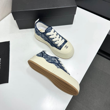 CHANEL 26S CHUNKY SNEAKERS IN NAVY BLUE DIAMOND-PATTERNED WOVEN FABRIC