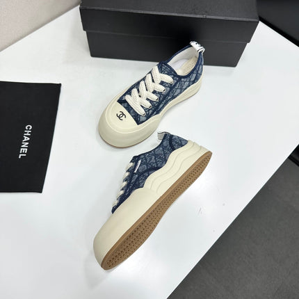 CHANEL 26S CHUNKY SNEAKERS IN NAVY BLUE DIAMOND-PATTERNED WOVEN FABRIC