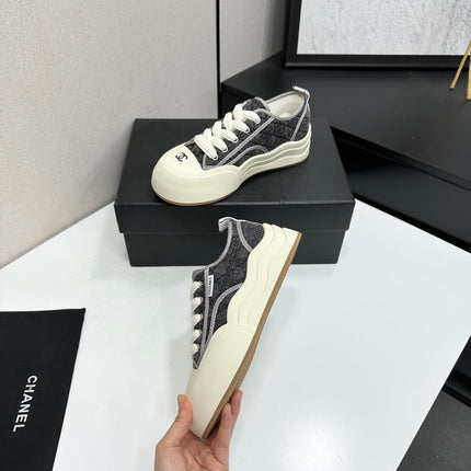 CHANEL 26S PLATFORM SNEAKERS IN GREY CHECKERED WOVEN DENIM FABRIC