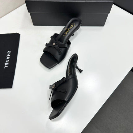 CHANEL 26S HIGH HEEL MULE SANDALS 50 MM IN BLACK LAMBSKIN WITH BOW DETAIL