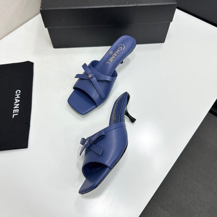 CHANEL 26S HIGH HEEL MULE SANDALS 50 MM IN BLUE LAMBSKIN WITH BOW DETAIL