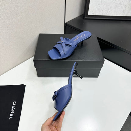 CHANEL 26S HIGH HEEL MULE SANDALS 50 MM IN BLUE LAMBSKIN WITH BOW DETAIL