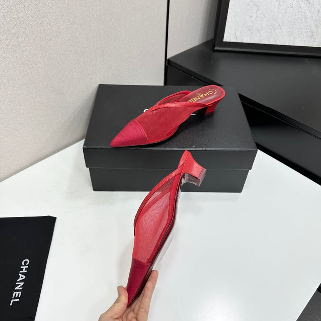 CHANEL 26S HIGH HEELS MULES 35 MM IN RED MESH