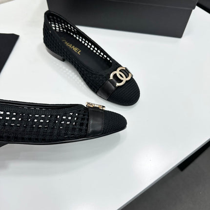 CHANEL 26S TOE FLATS IN BLACK MESH FABRIC