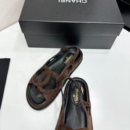 CHANEL 26S FLAT SANDALS IN DARK BROWN SUEDE