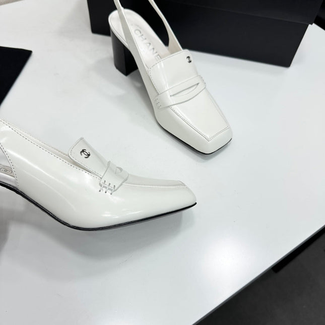 CHANEL 26S SLINGBACK LOAFER PUMPS IN WHITE PATENT CALFSKIN