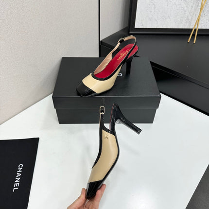 CHANEL 26S HIGH HEEL SLINGBACK IN BEIGE LAMBSKIN AND BLACK PATENT CALFSKIN