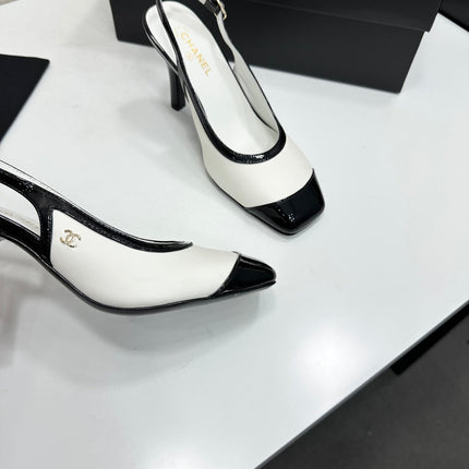 CHANEL 26S HIGH HEEL SLINGBACK IN WHITE LAMBSKIN AND BLACK PATENT CALFSKIN