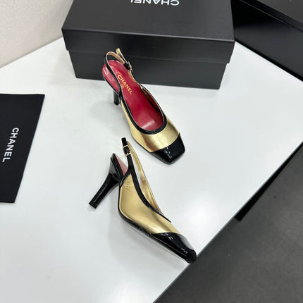 CHANEL 26S HIGH HEEL SLINGBACK IN GOLD LAMBSKIN AND BLACK PATENT CALFSKIN