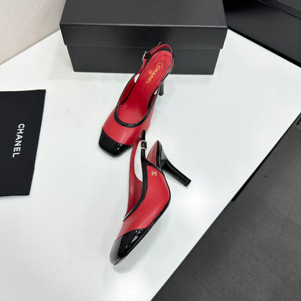 CHANEL 26S HIGH HEEL SLINGBACK IN RED LAMBSKIN AND BLACK PATENT CALFSKIN