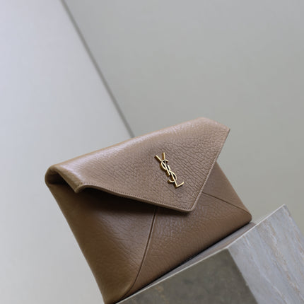 YSL 25S CASSANDRE LARGE ENVELOPE POUCH 29 IN DARK TAUPE CALFSKIN GOLD HARDWARE