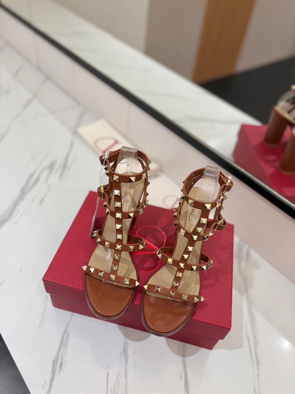 VALENTINO 26S STUDDED HIGH HEEL SANDALS 90 MM IN BROWN CALFSKIN