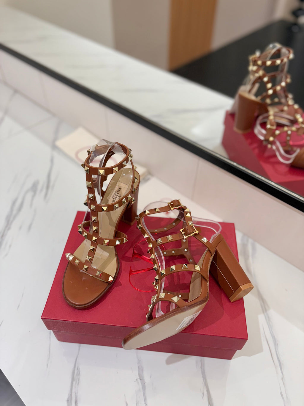 VALENTINO 26S STUDDED HIGH HEEL SANDALS 90 MM IN BROWN CALFSKIN