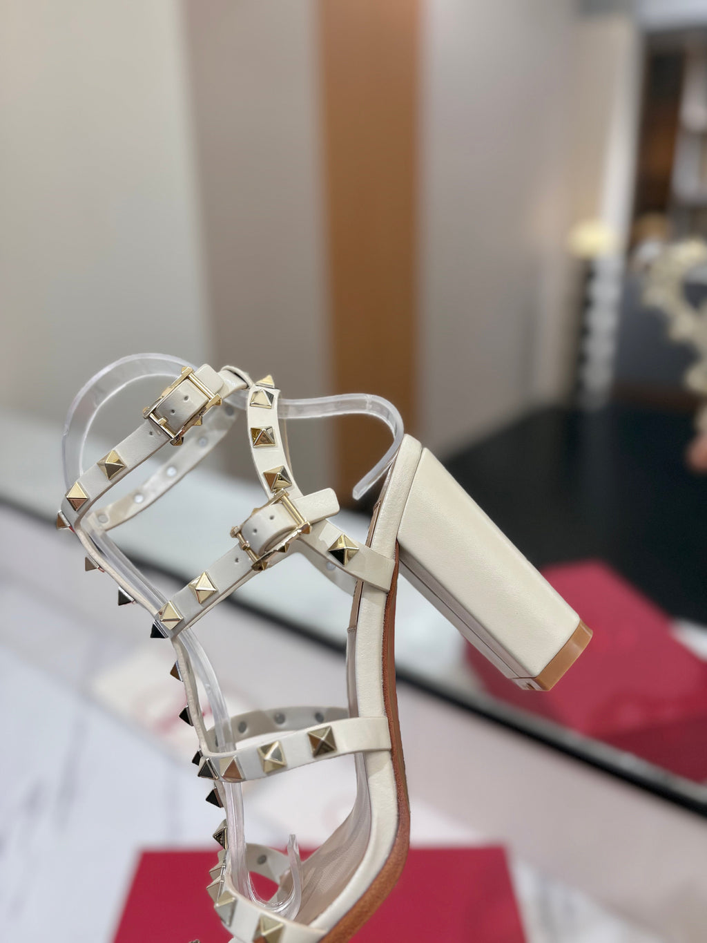 VALENTINO 26S STUDDED HIGH HEEL SANDALS 90 MM IN CREAM WHITE CALFSKIN