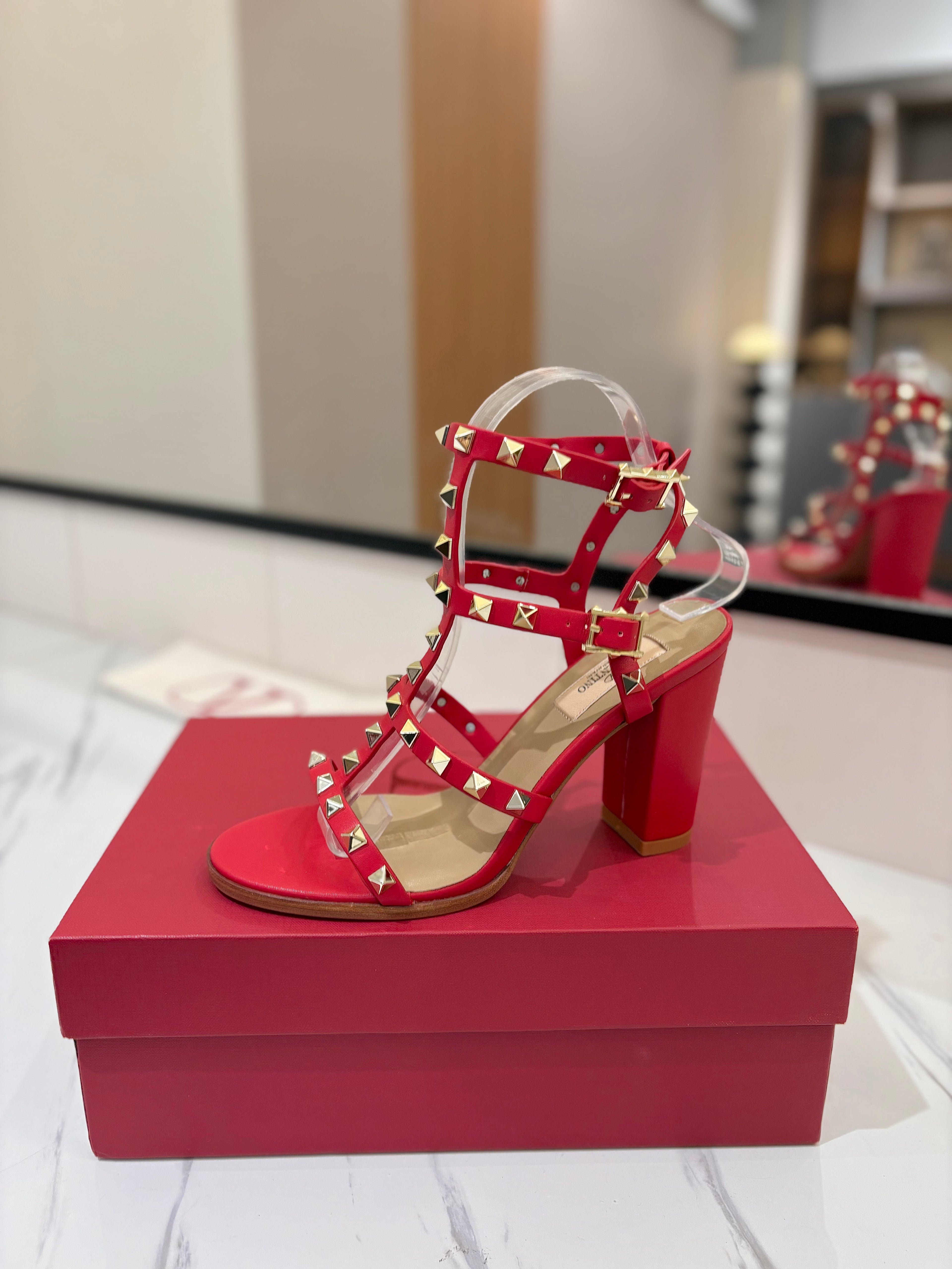 VALENTINO 26S STUDDED HIGH HEEL SANDALS 90 MM IN RED CALFSKIN