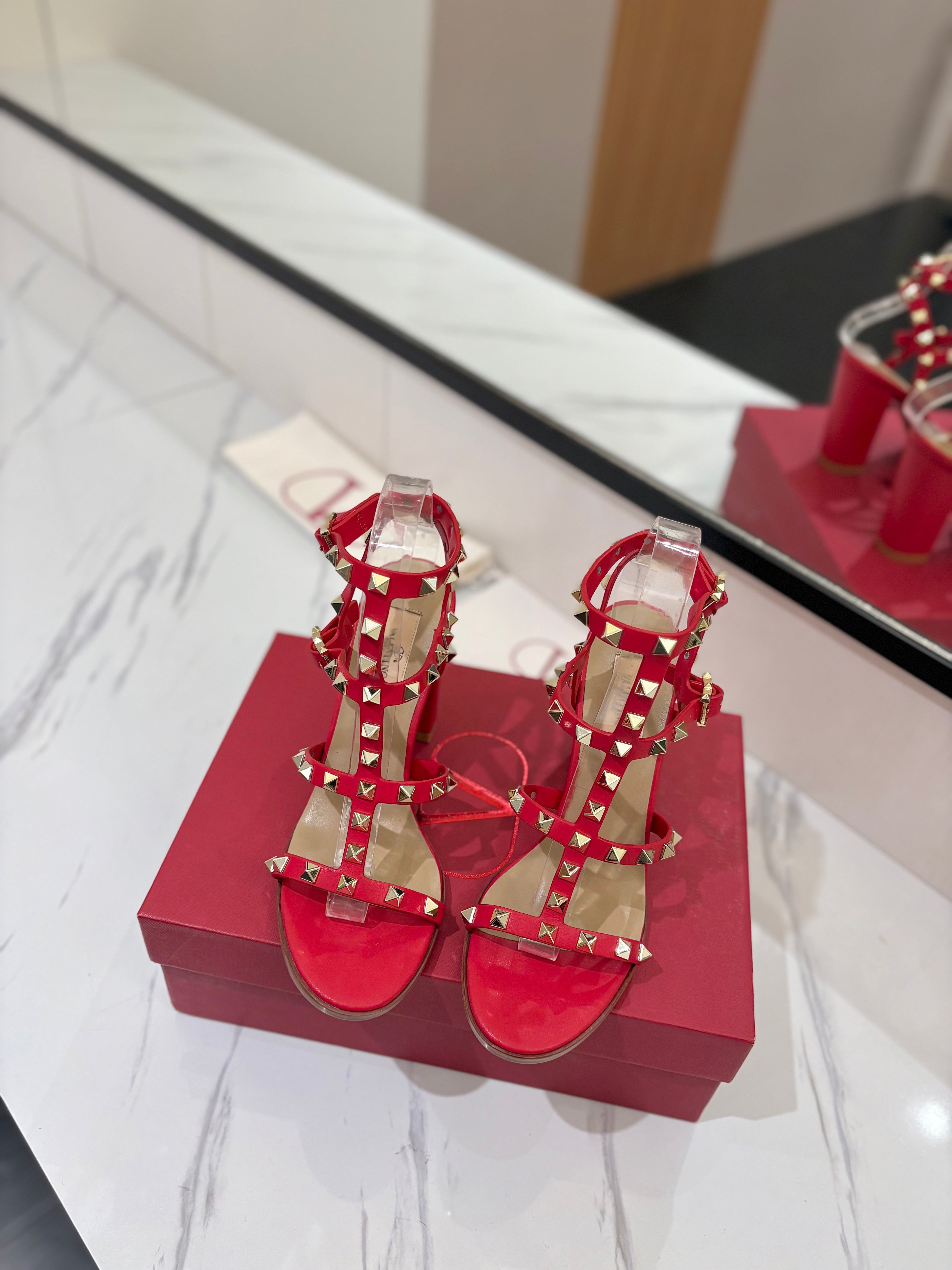 VALENTINO 26S STUDDED HIGH HEEL SANDALS 90 MM IN RED CALFSKIN