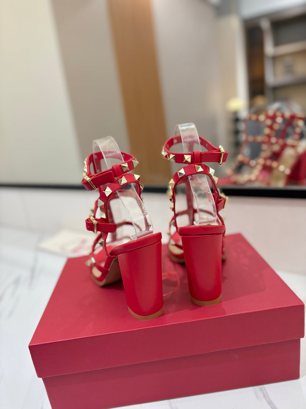 VALENTINO 26S STUDDED HIGH HEEL SANDALS 90 MM IN RED CALFSKIN