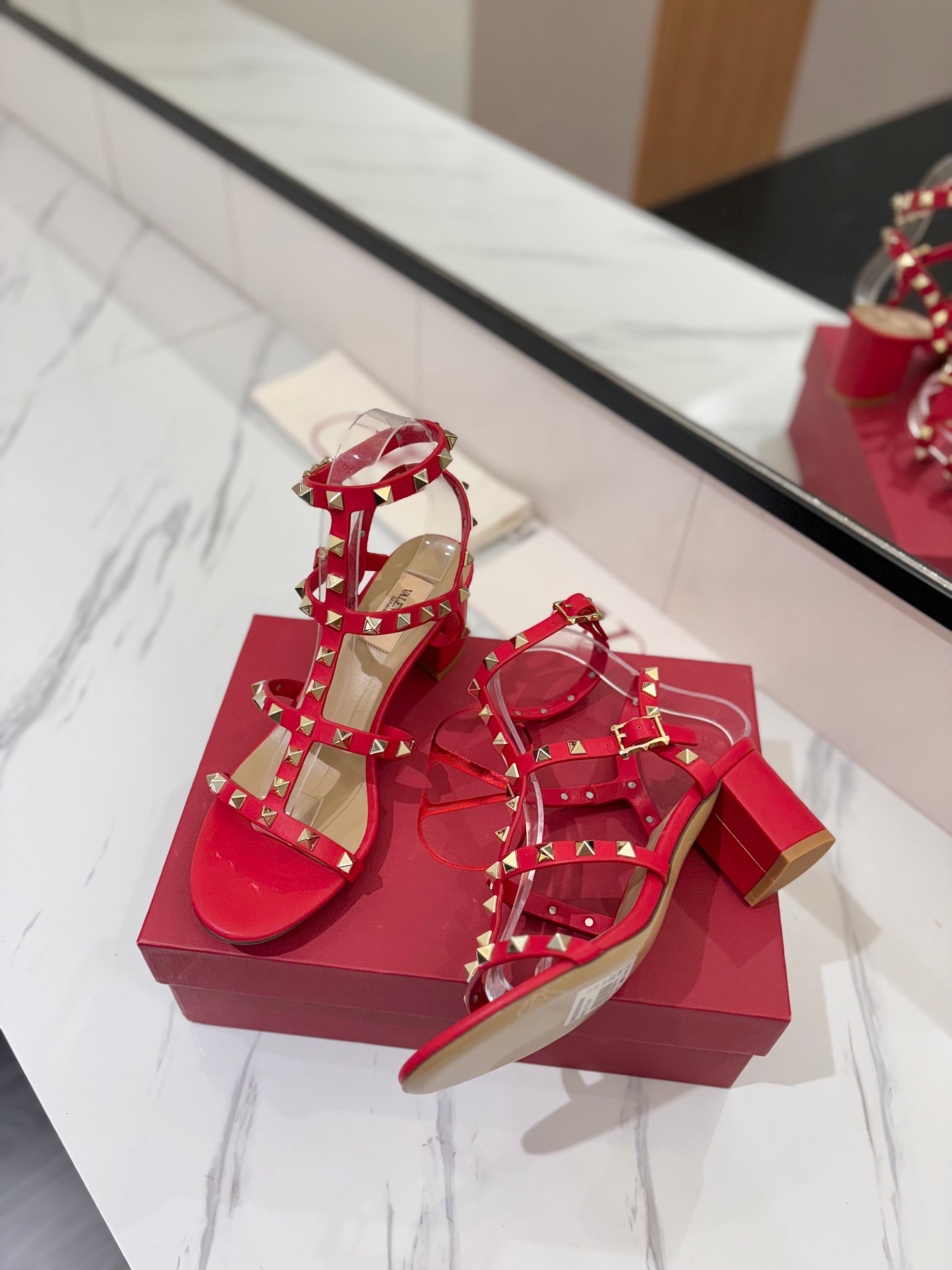 VALENTINO 26S STUDDED HIGH HEEL SANDALS 65 MM IN RED CALFSKIN