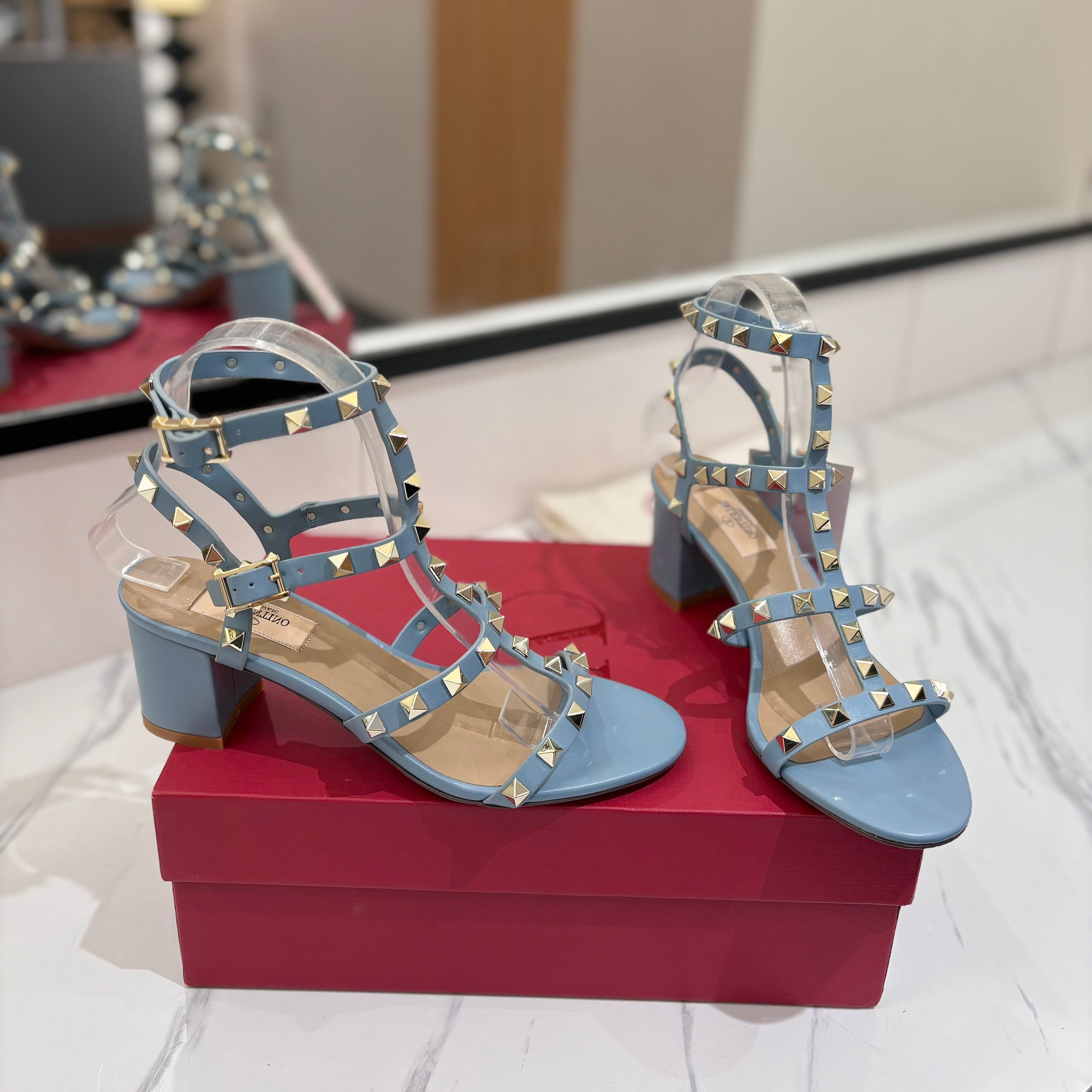 VALENTINO 26S STUDDED HIGH HEEL SANDALS 65 MM IN SKY BLUE CALFSKIN