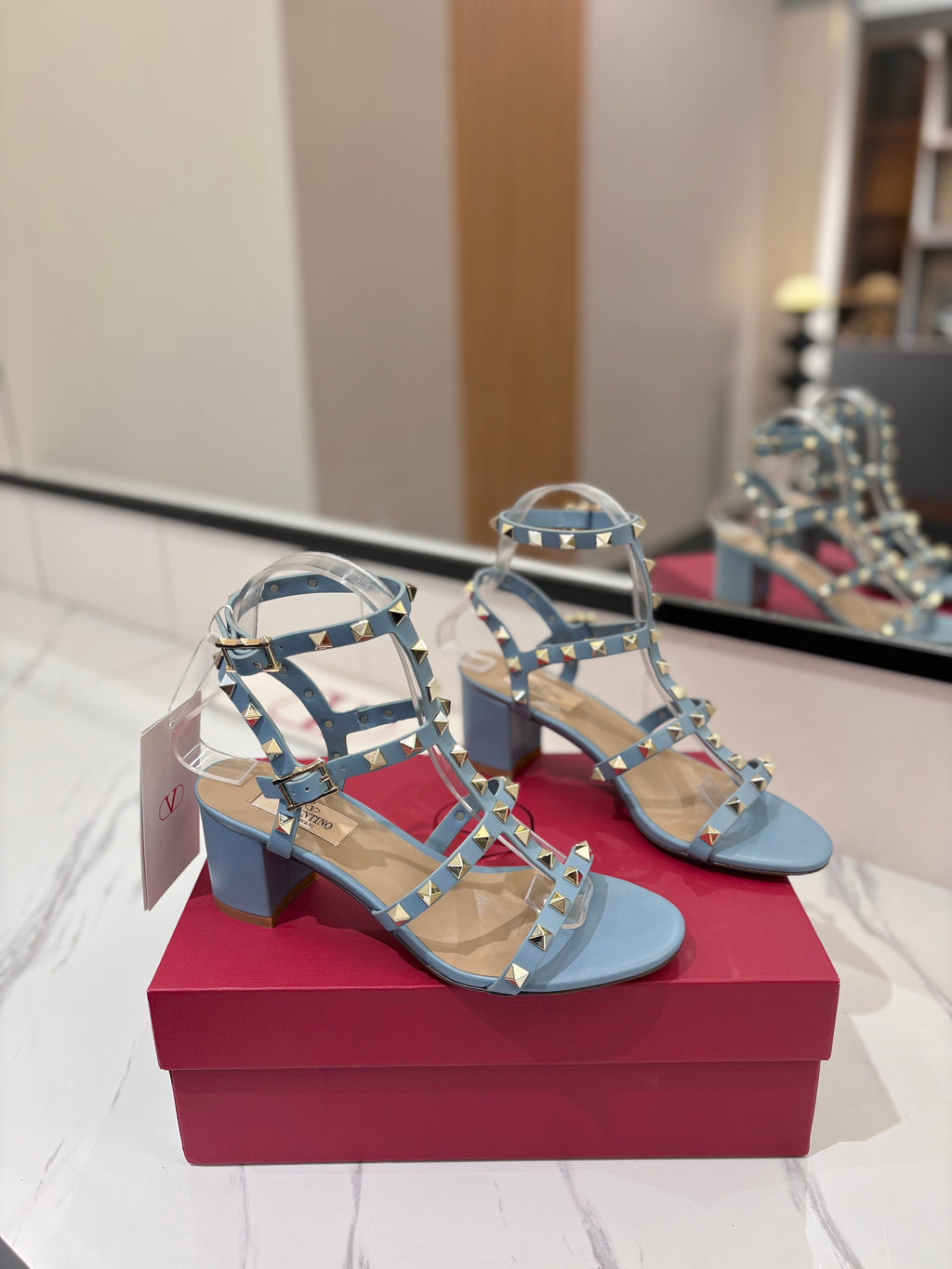VALENTINO 26S STUDDED HIGH HEEL SANDALS 65 MM IN SKY BLUE CALFSKIN