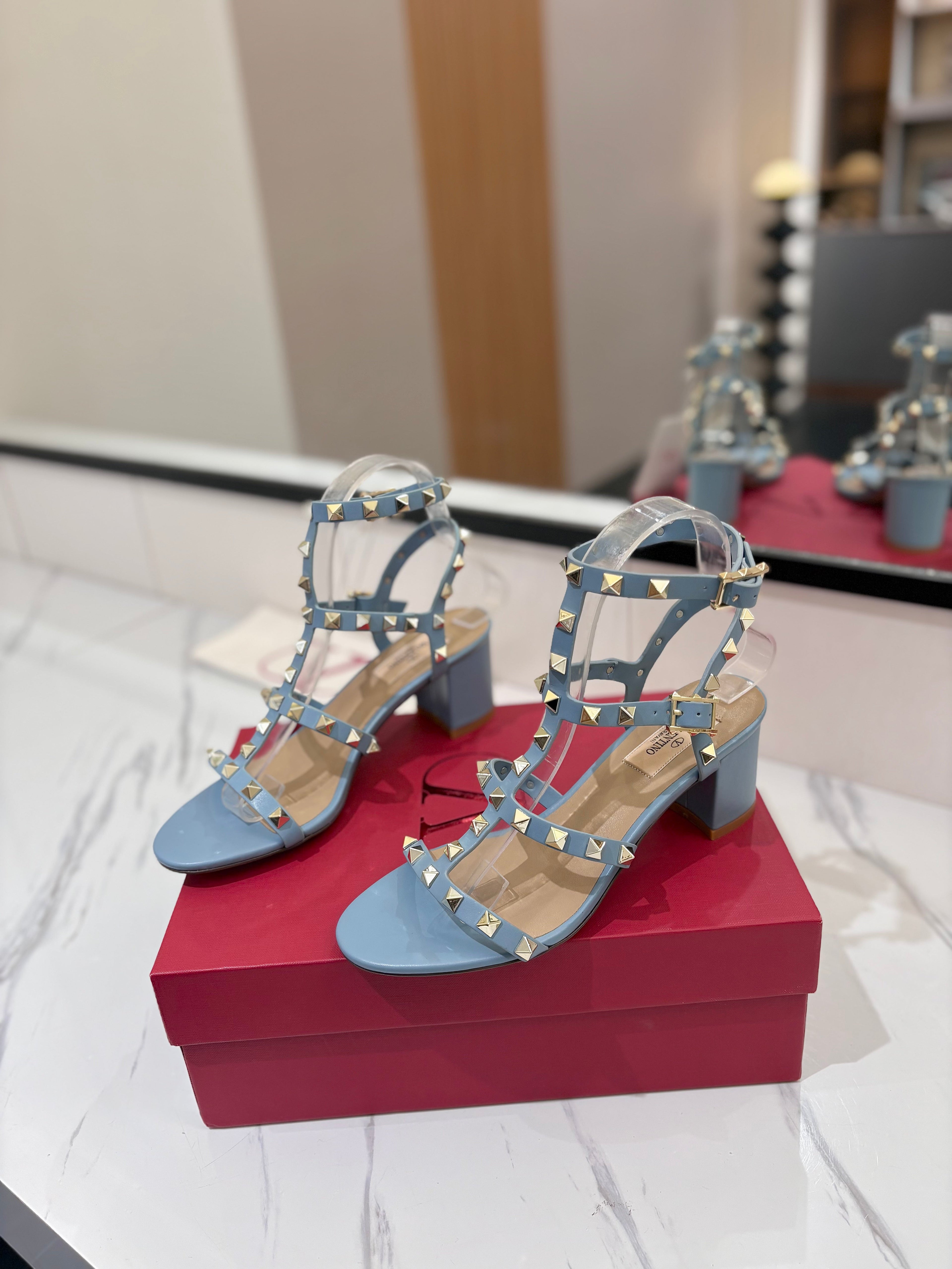 VALENTINO 26S STUDDED HIGH HEEL SANDALS 65 MM IN SKY BLUE CALFSKIN