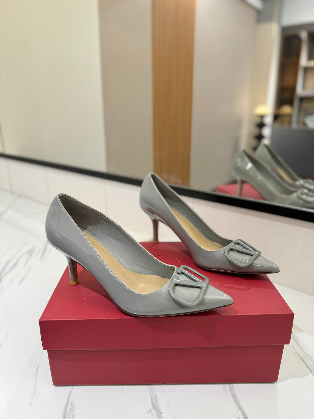VALENTINO 26S HIGH HEELS 75 MM IN GREY PATENT CALFSKIN