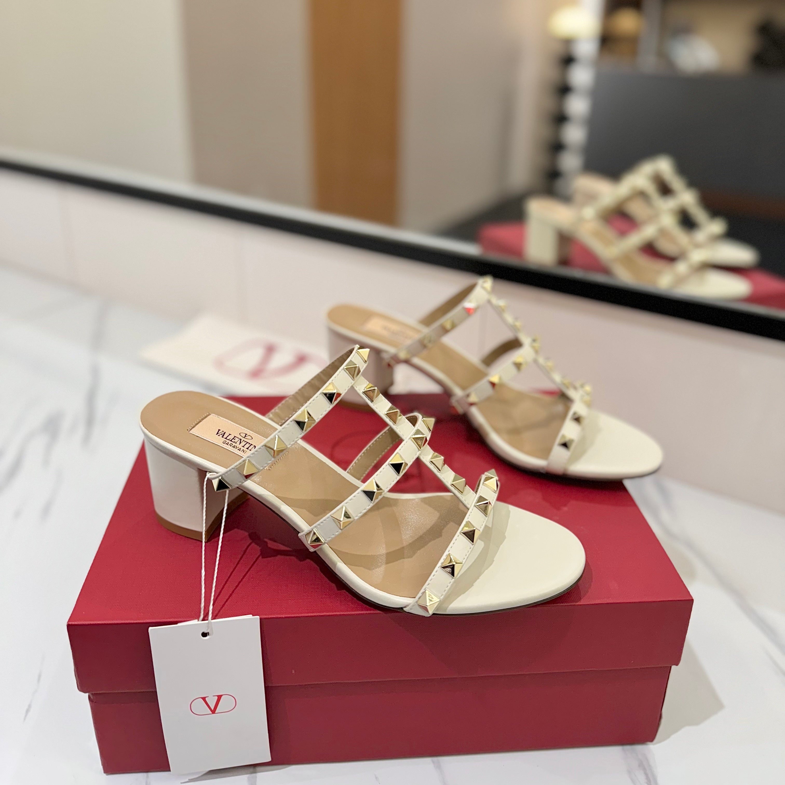 VALENTINO 26S HEELED SANDALS 60 MM IN CREAM WHITE CALFSKIN WITH GOLD STUDS