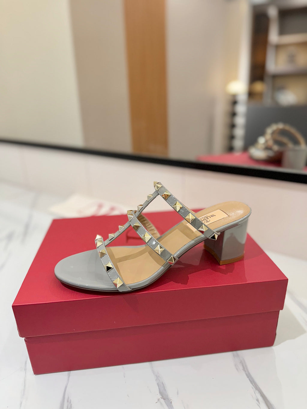 VALENTINO 26S HEELED SANDALS 60 MM IN LIGHT GREY CALFSKIN WITH GOLD STUDS