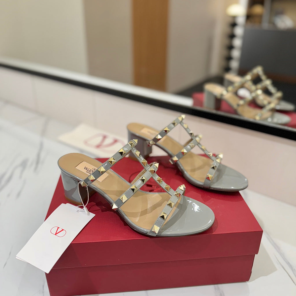 VALENTINO 26S HEELED SANDALS 60 MM IN LIGHT GREY CALFSKIN WITH GOLD STUDS