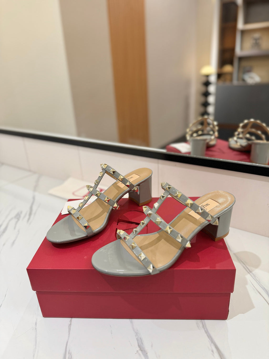 VALENTINO 26S HEELED SANDALS 60 MM IN LIGHT GREY CALFSKIN WITH GOLD STUDS