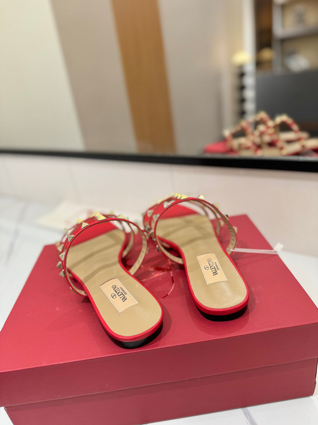 VALENTINO 26S SANDALS IN RED CALFSKIN WITH GOLD STUDS